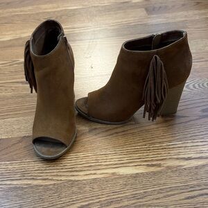 Express Brown Suede Peep-Toe Fringe Block Heel Booties